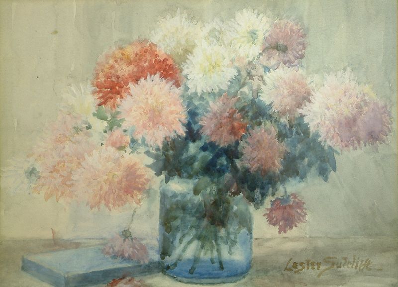 Lester Sutcliffe (1848-1933) Chrysanthemums in a glass vase,